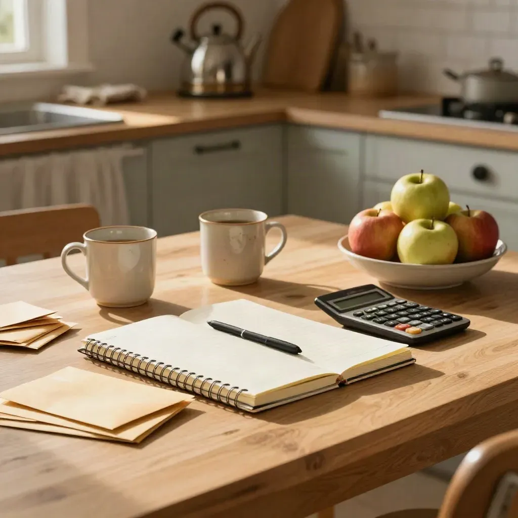 Gezinstafel met budgetnotitieboek, omgekeerde rekenmachine, mokken, appels en enveloppen in warm middaglicht