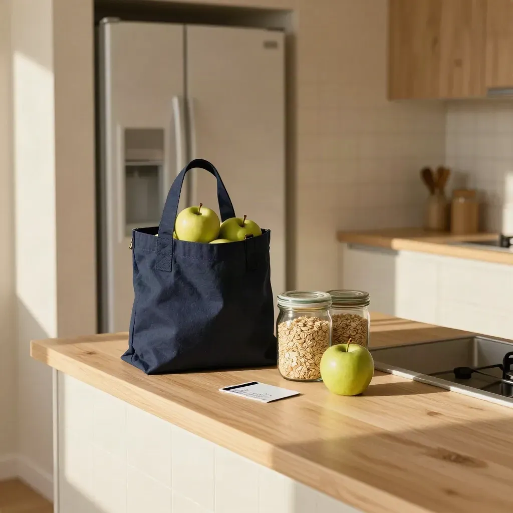 Navy boodschappentas met appels, haver en potten op een keukenblad met koude mist.